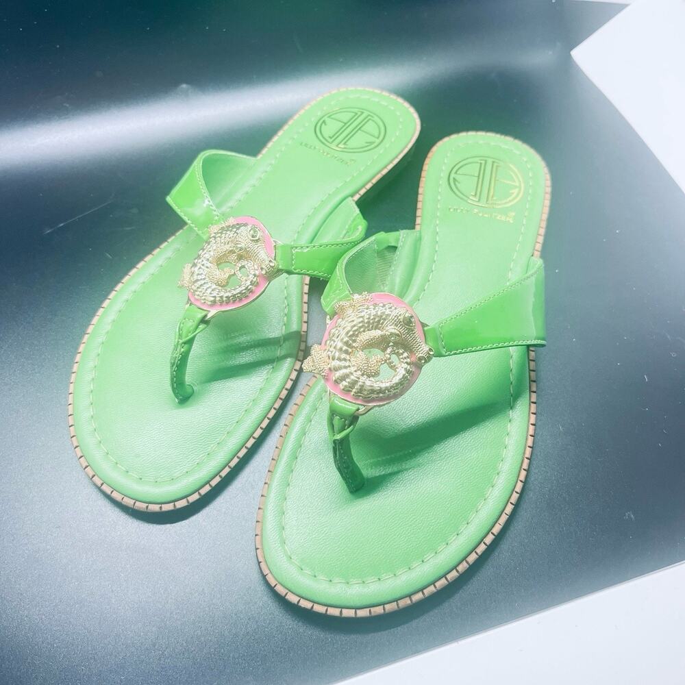 Lilly Pulitzer Rousseau Genuine Leather Myrtle Green Gold Logo Sandals Shoes